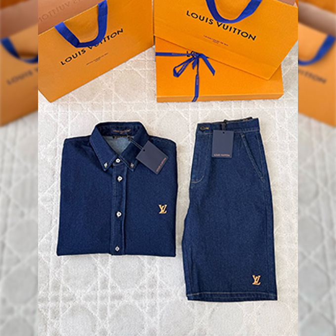 lv louis vuitton indigo denim shirt & shorts